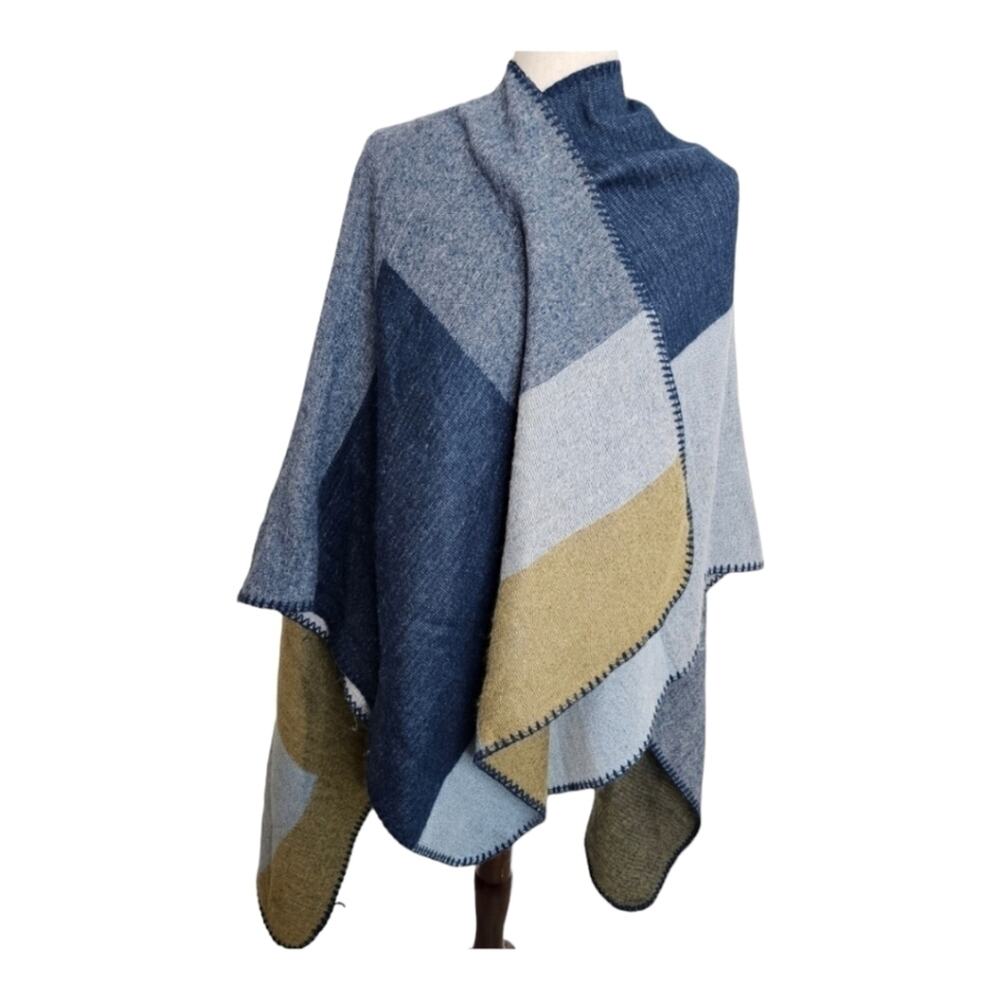 Harve Benard Navy Tan Color Block Open Front Shawl, Kimono, Poncho one Size